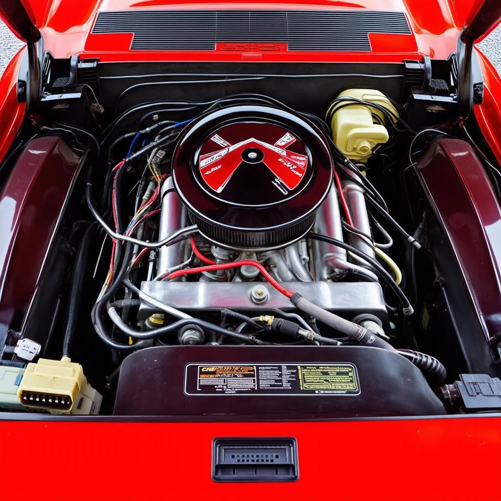 Vintage car engine with wires and components