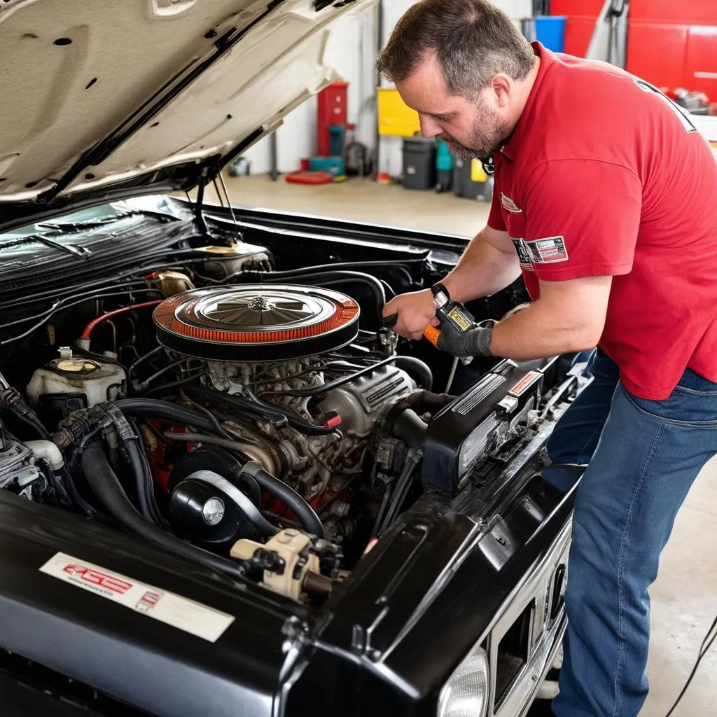 Mechanic inspecting a 1986 GMC engine