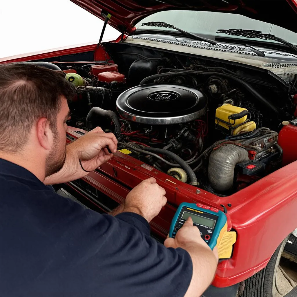 Mechanic working on a 1990 F-150 Engine