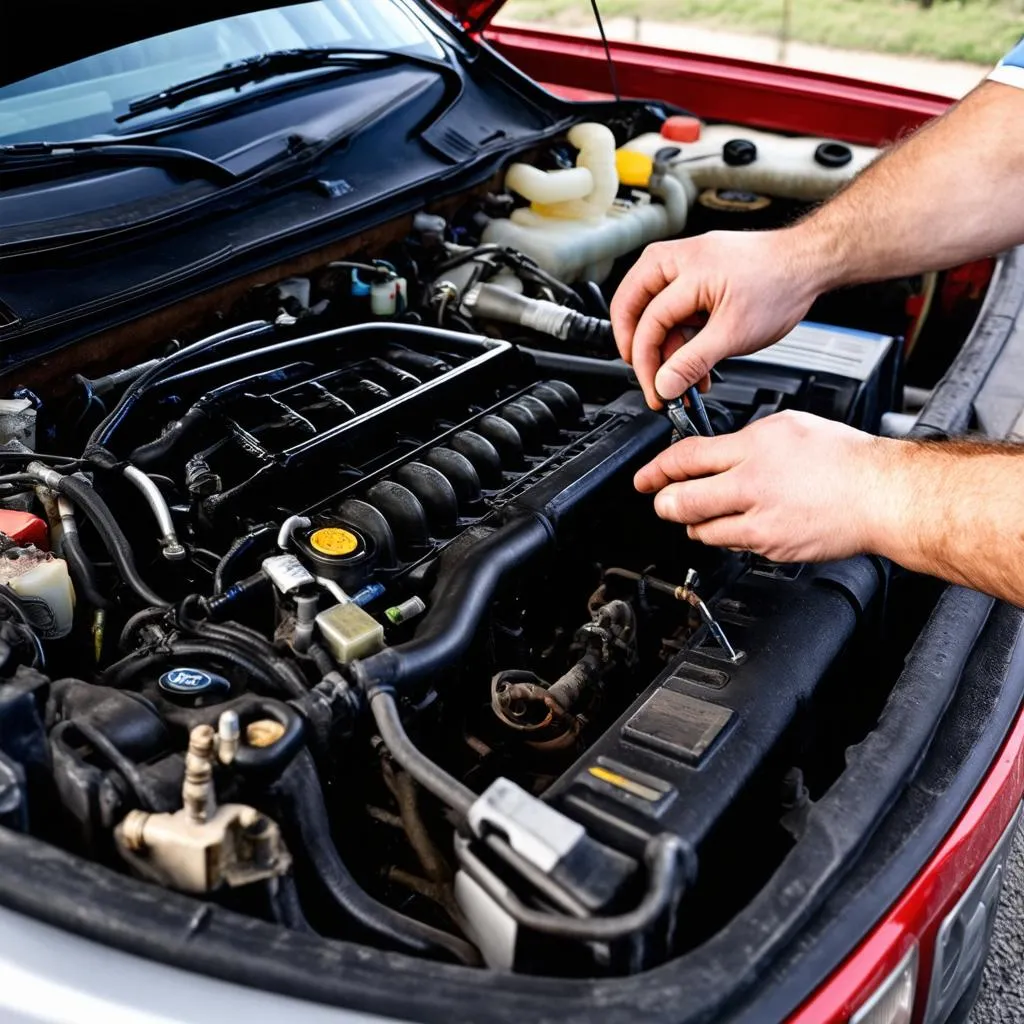 Mechanic inspecting the engine bay of a 1998 Ford Explorer