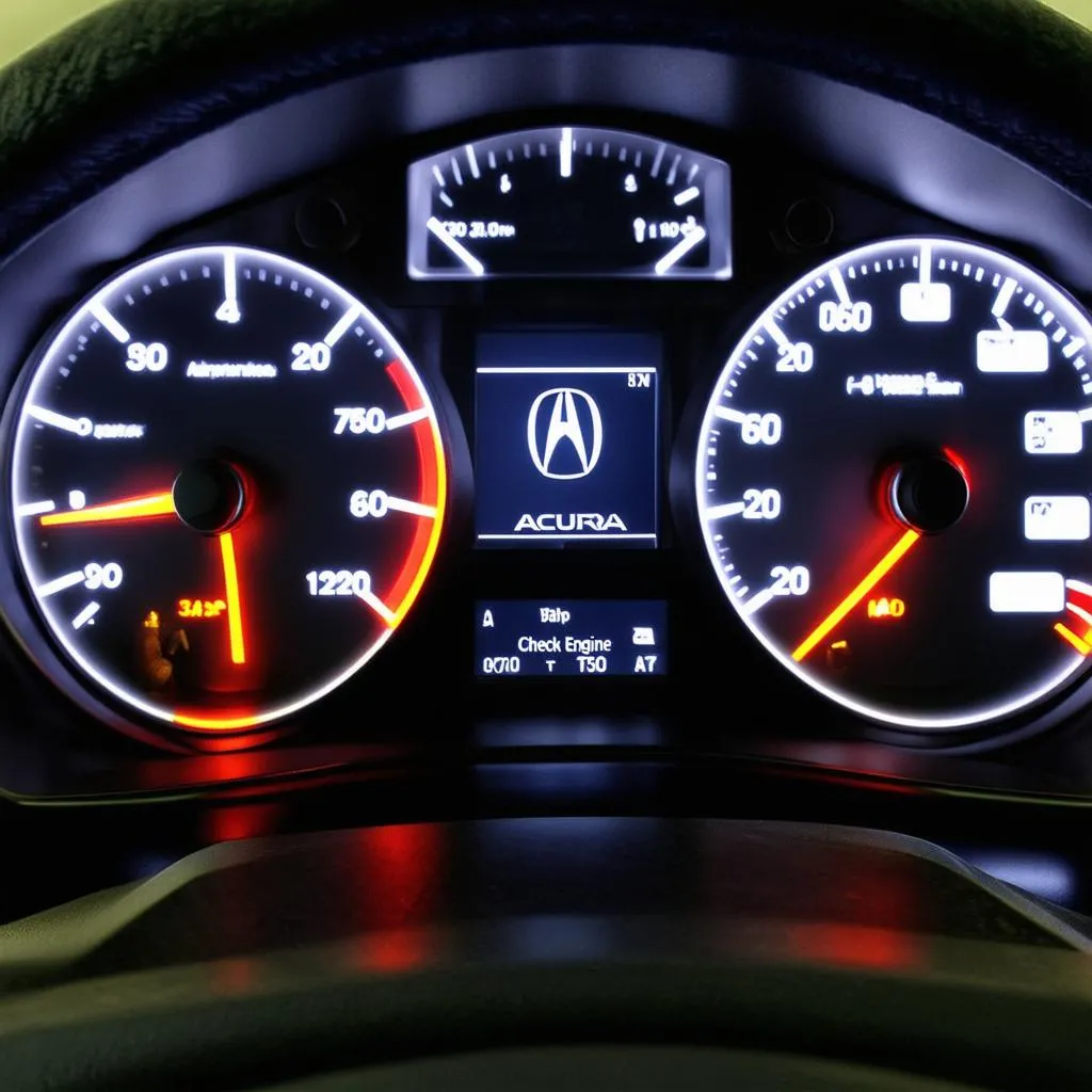 Close-up of a 2000 Acura dashboard with the &quot;Check Engine&quot; light illuminated