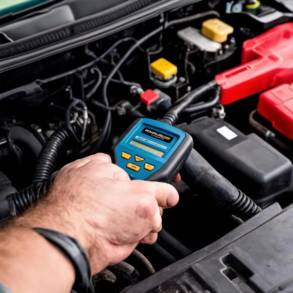 Mechanic connecting a diagnostic tool to a 2000 Acura OBD port