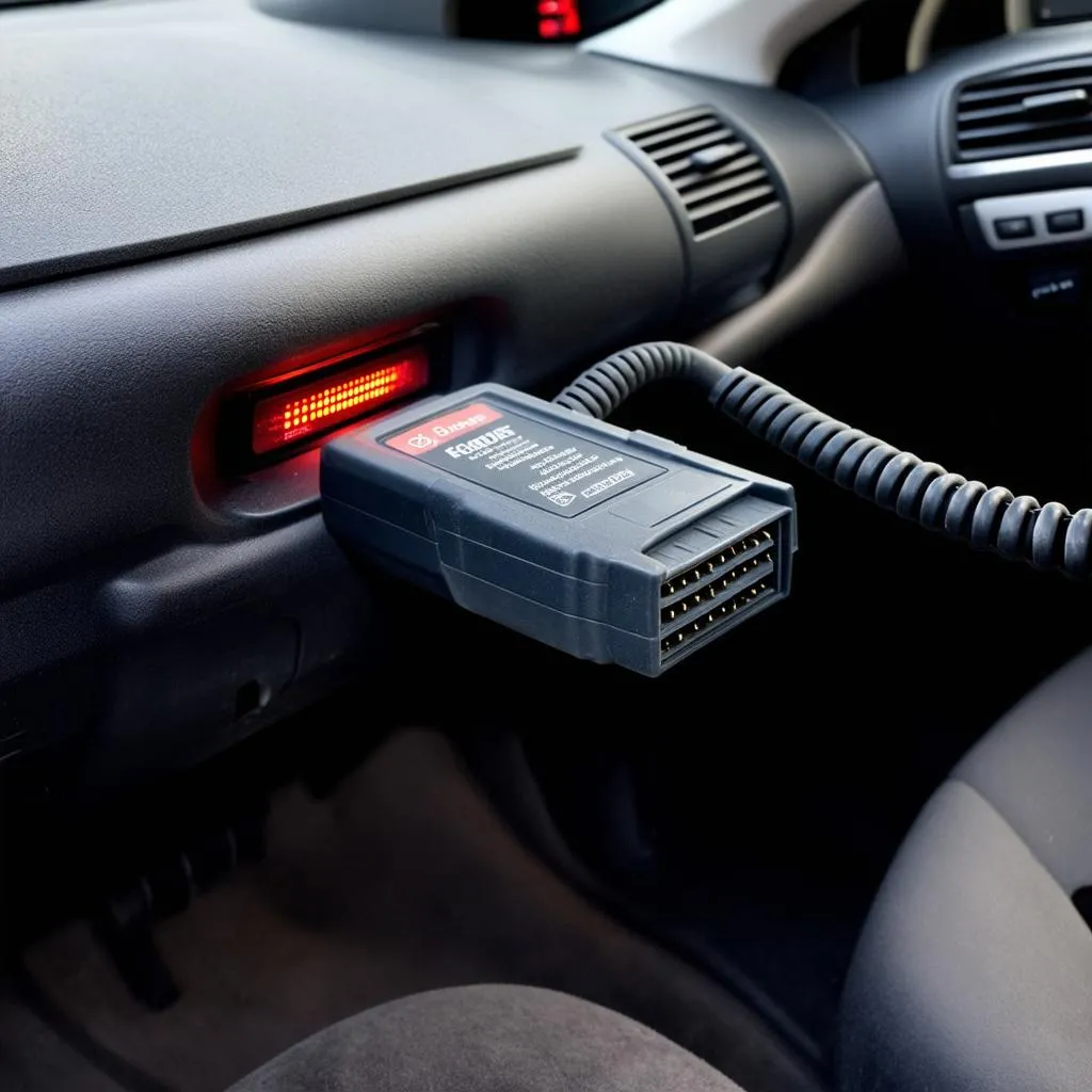 OBD scanner plugged into a car's OBD port.