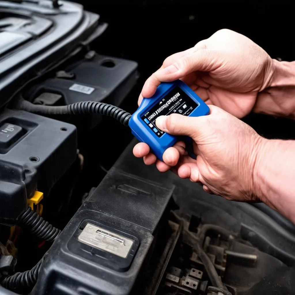 Mechanic plugging a scanner into a car's OBD port