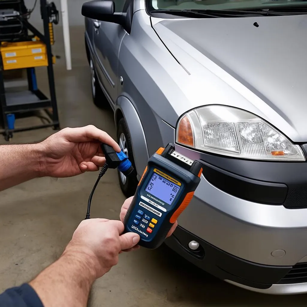 Mechanic connecting an OBD scanner to a 2005 Ford car