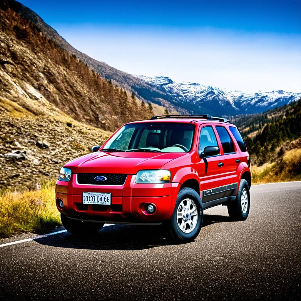 A 2005 Ford Escape parked on a scenic mountain road