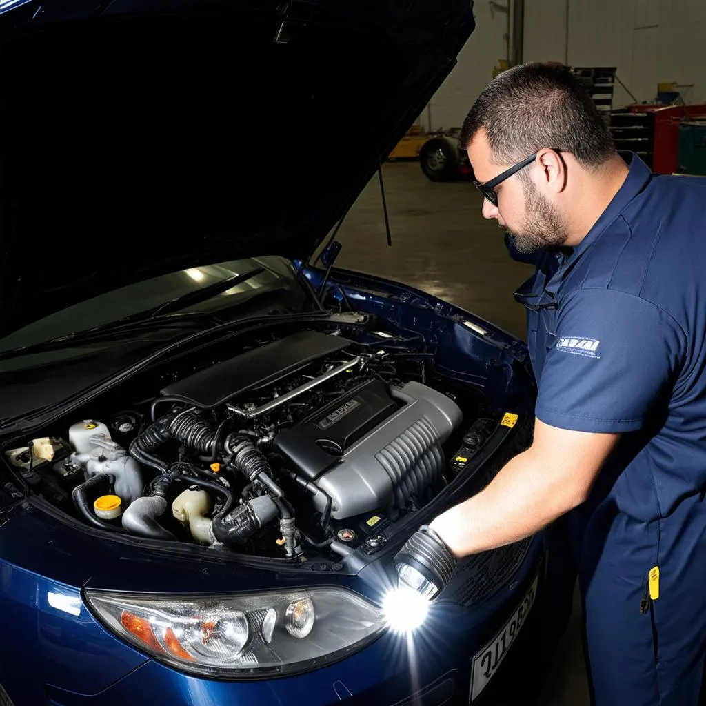 Mechanic inspecting the engine bay of a 2006 Mazda 3