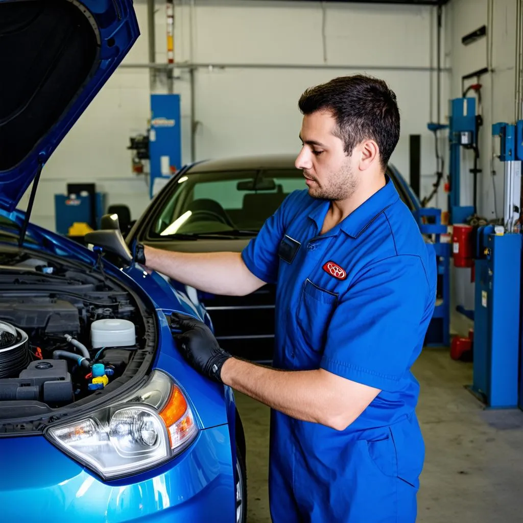 Mechanic Working on a 2006 Prius Hybrid System