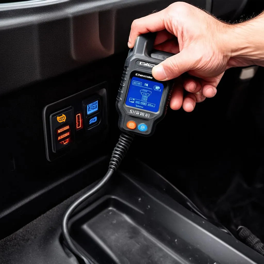 Close-up of a 2007 Chevy Silverado's OBD port, showing a diagnostic tool plugged in. The image should highlight the port's location and the connection process.