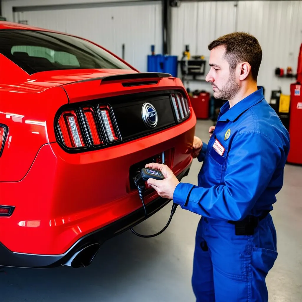 Mechanic plugging an OBD scanner into a 2012 Ford Mustang