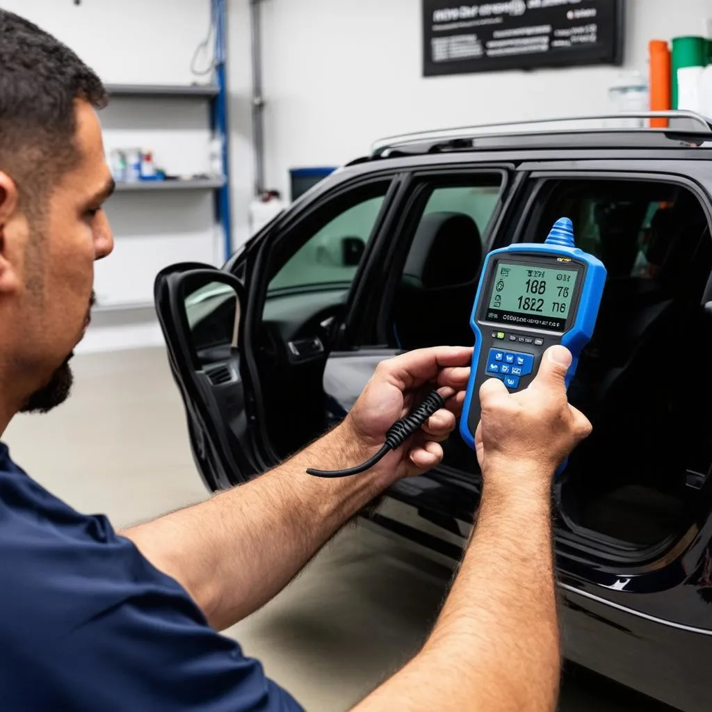 Mechanic using an OBD-II scanner on a 2012 Toyota RAV4