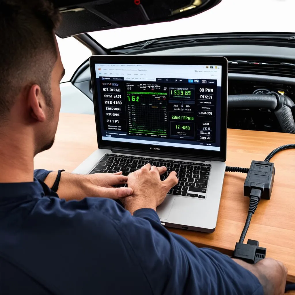 A laptop displaying real-time data from a 2012 Subaru Outback