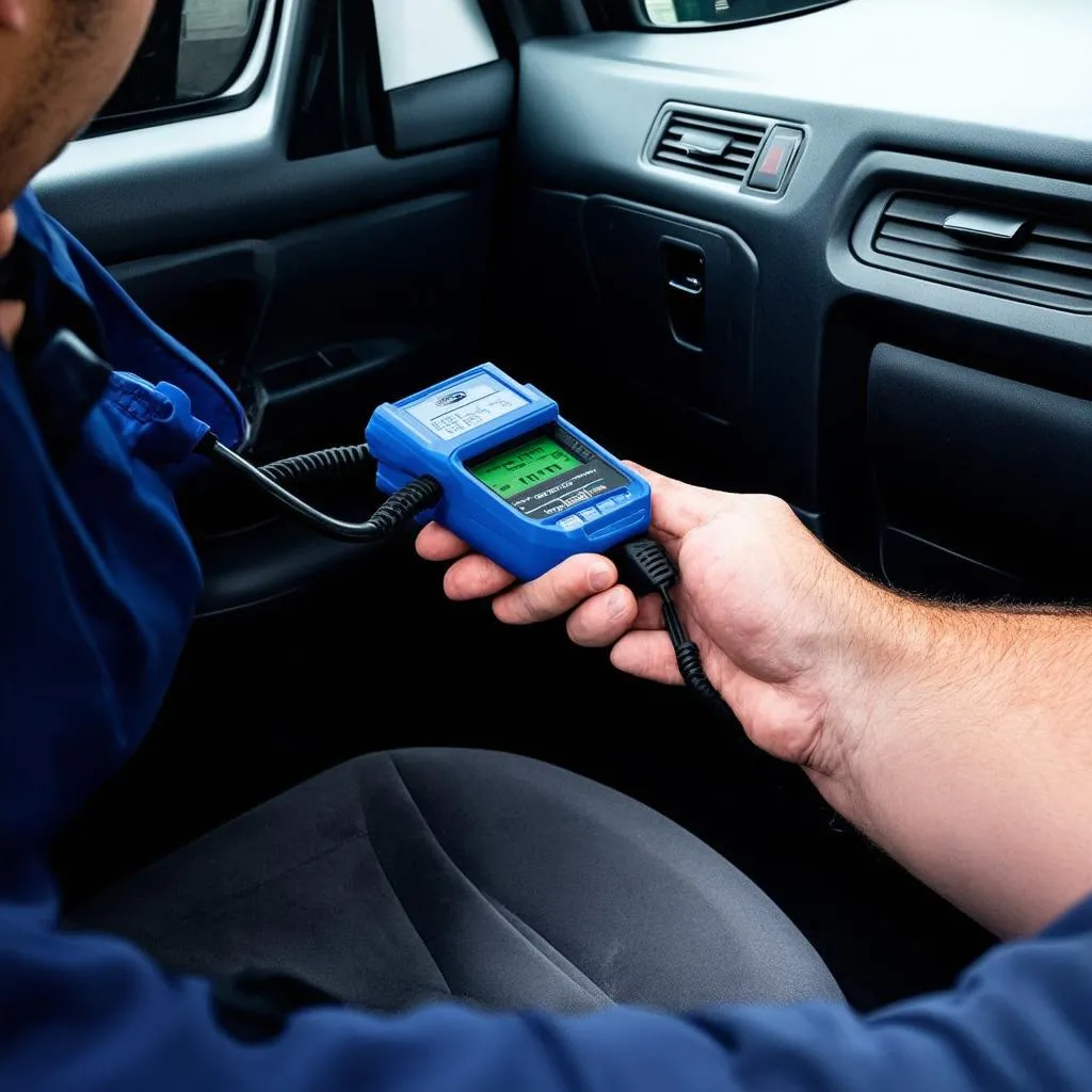 Mechanic using an OBD-II scanner on a 2012 Subaru