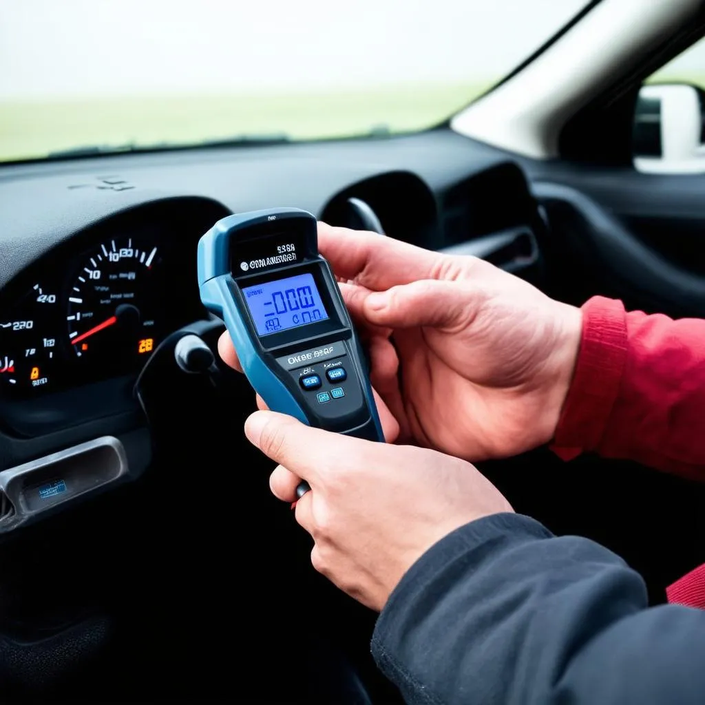 A hand holding a diagnostic scanner plugged into a car's OBD port.