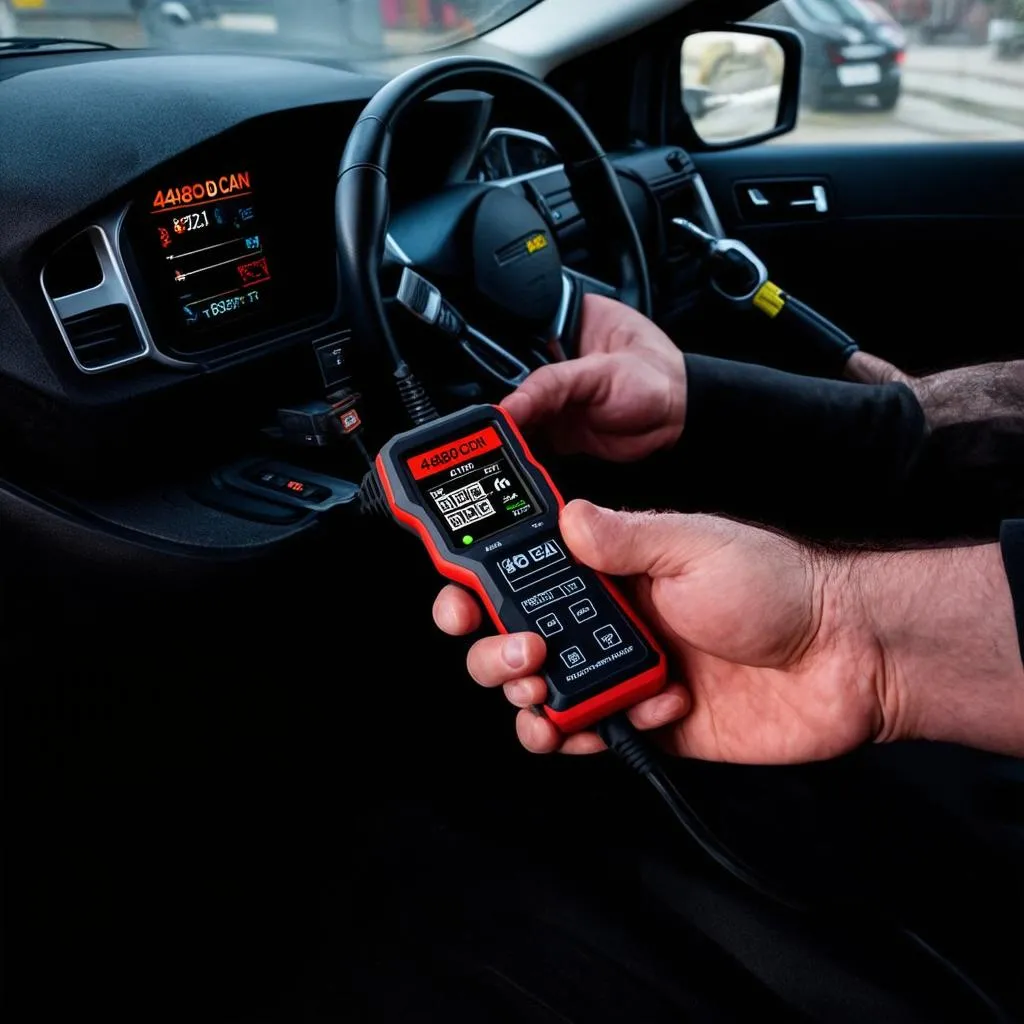 Mechanic connecting a 4480 CAN OBD scanner to a car's OBD port