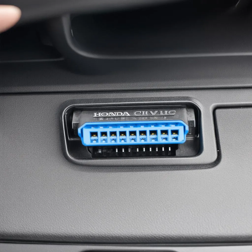 Image of the 8th generation Honda Civic with highlighted OBD port