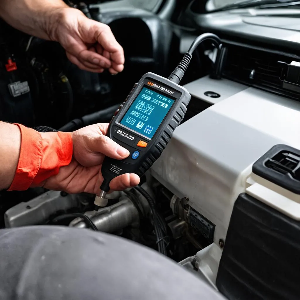 Mechanic using the 923-0012 OBD reader to diagnose a car problem