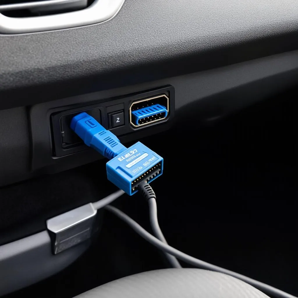 ELM327 Bluetooth Interface connected to a car's OBD-II port