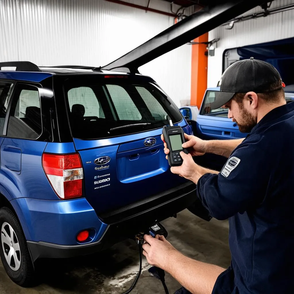 Mechanic using OBD Scanner on Subaru Forester