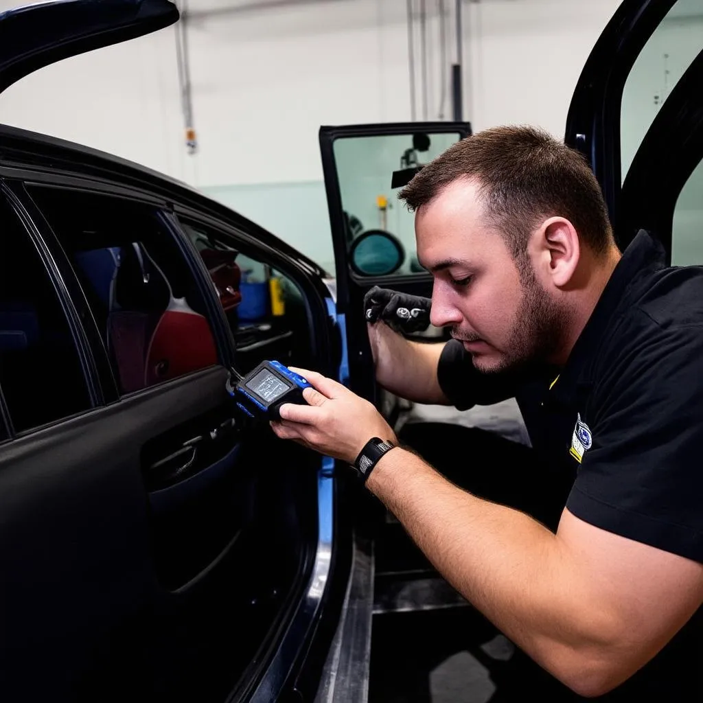 Mechanic connecting a diagnostic scanner