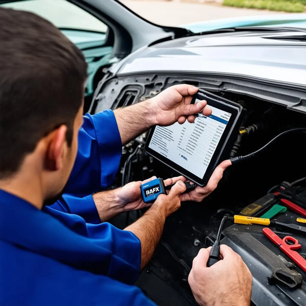 Mechanic using BAFX Products OBD-II Dongle to diagnose a car problem