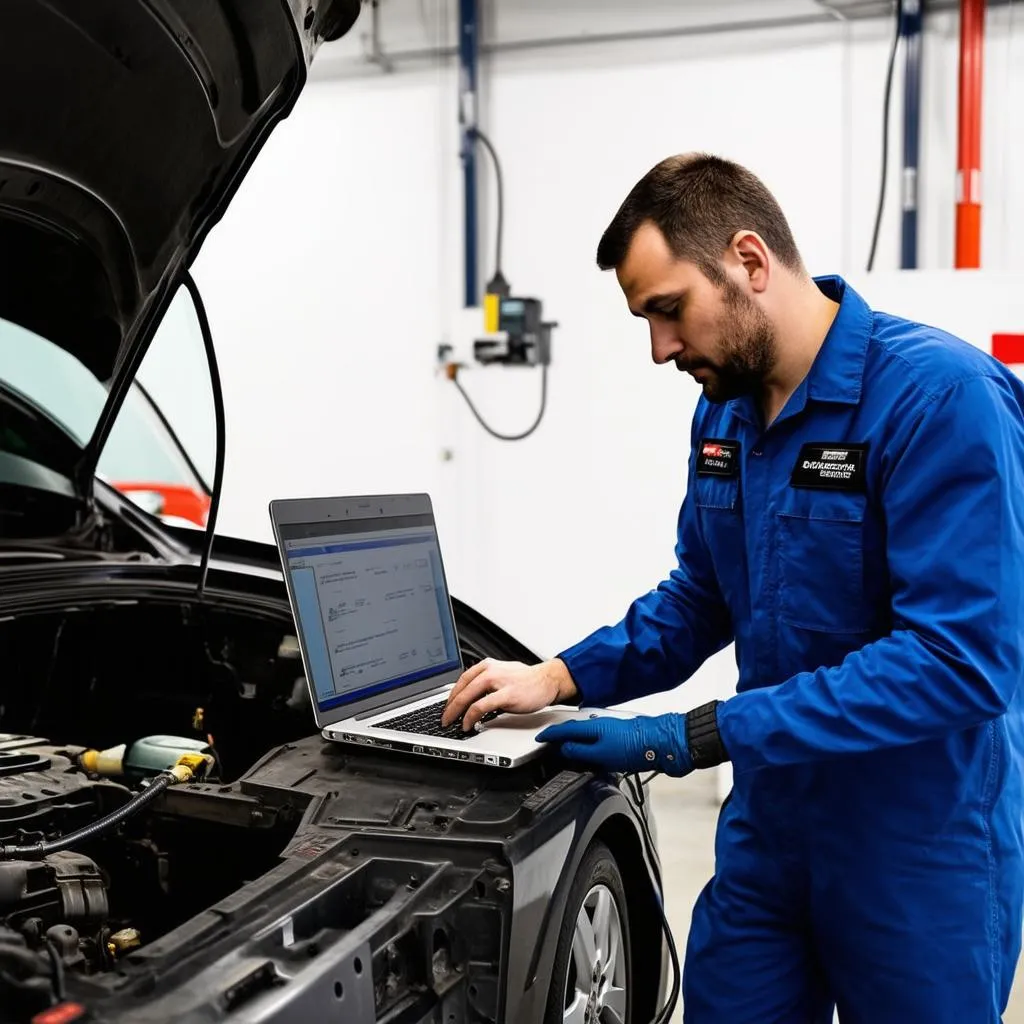 Mechanic Using Laptop for Car Diagnosis