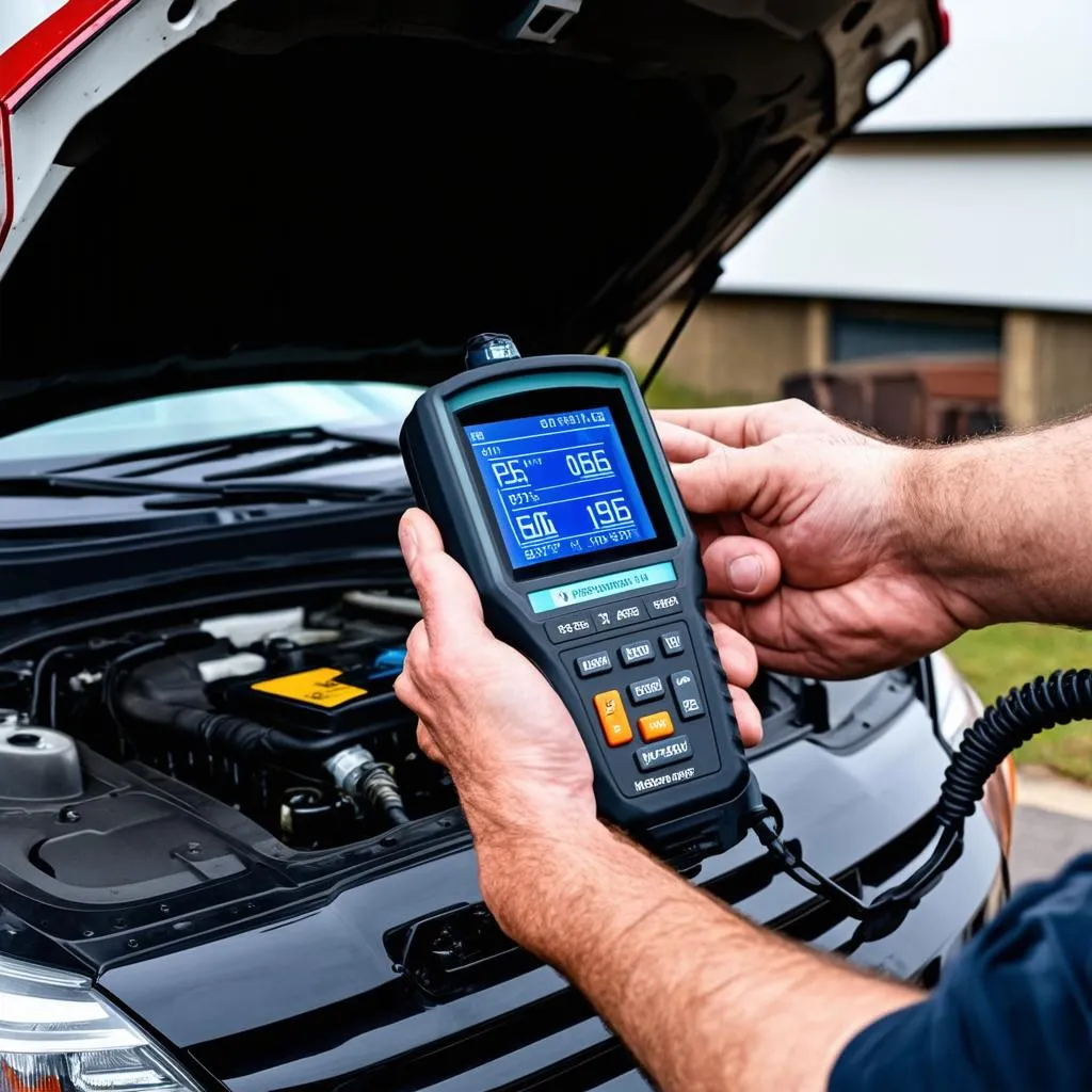 Mechanic Using OBD II Scanner on a Car