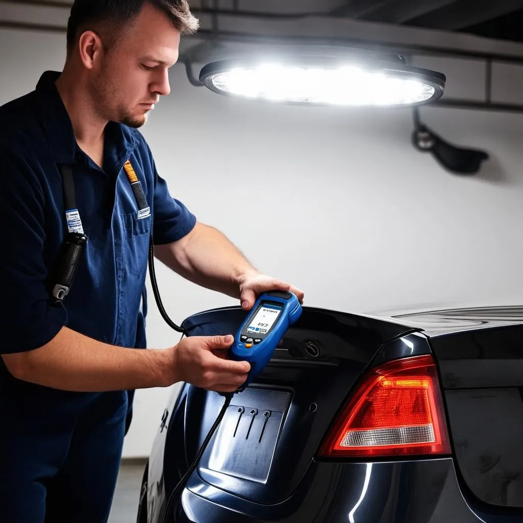 Mechanic Diagnosing Car with OBD Scanner