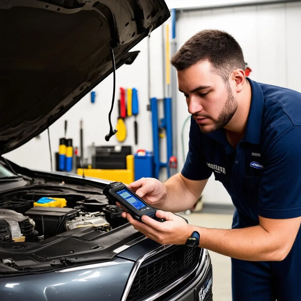 Mechanic using OBD Bluetooth scanner