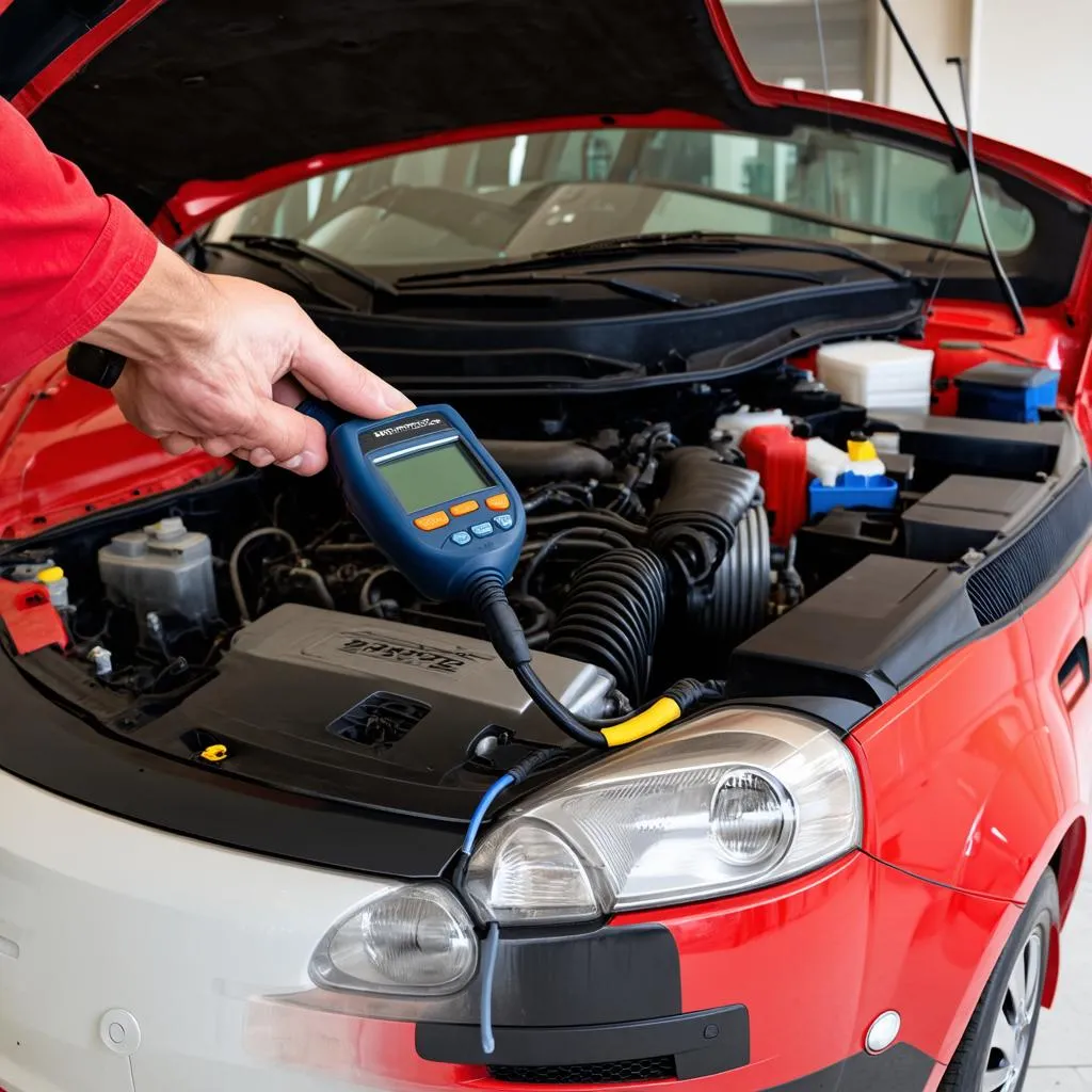 Mechanic diagnosing a Fiat Punto with an OBD Scanner