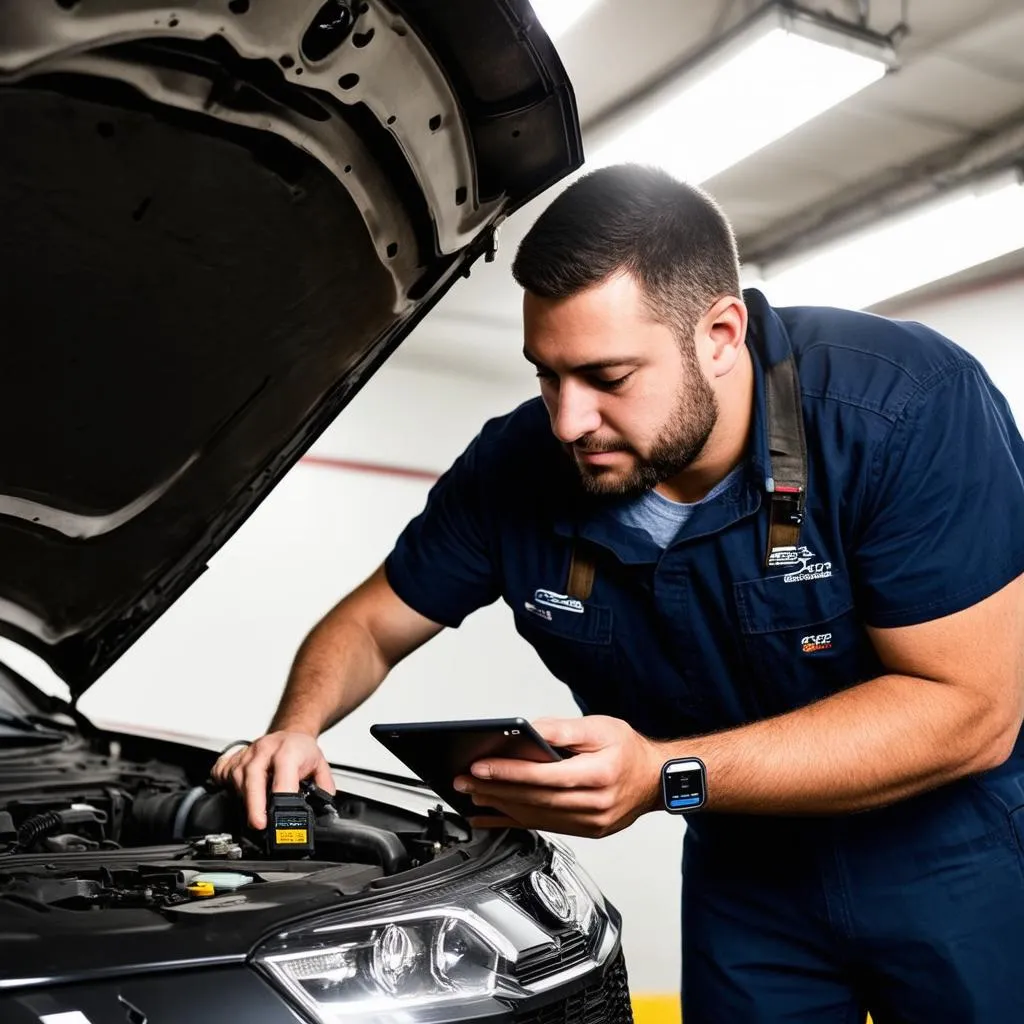 Mechanic using a Bluetooth OBD2 scanner to diagnose a car problem in a garage