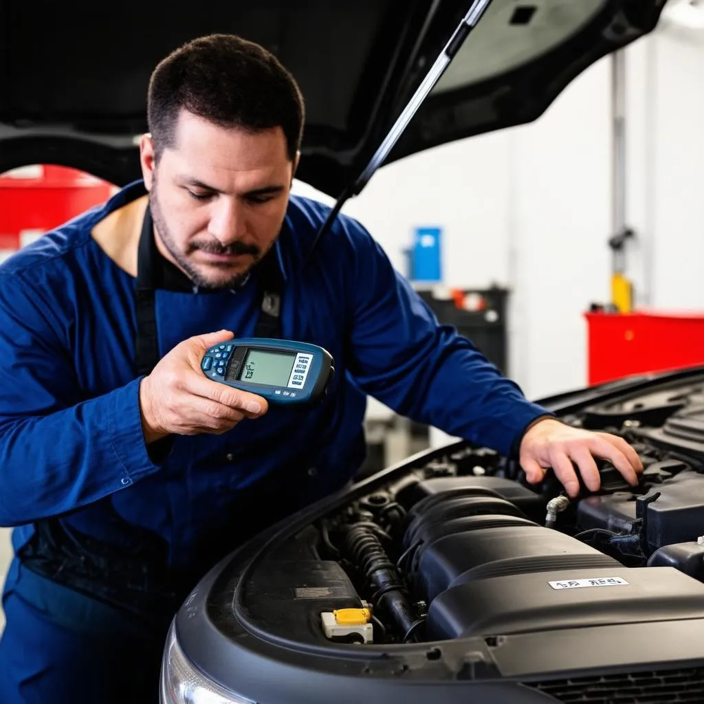 Mechanic Diagnosing Car with OBD Scanner