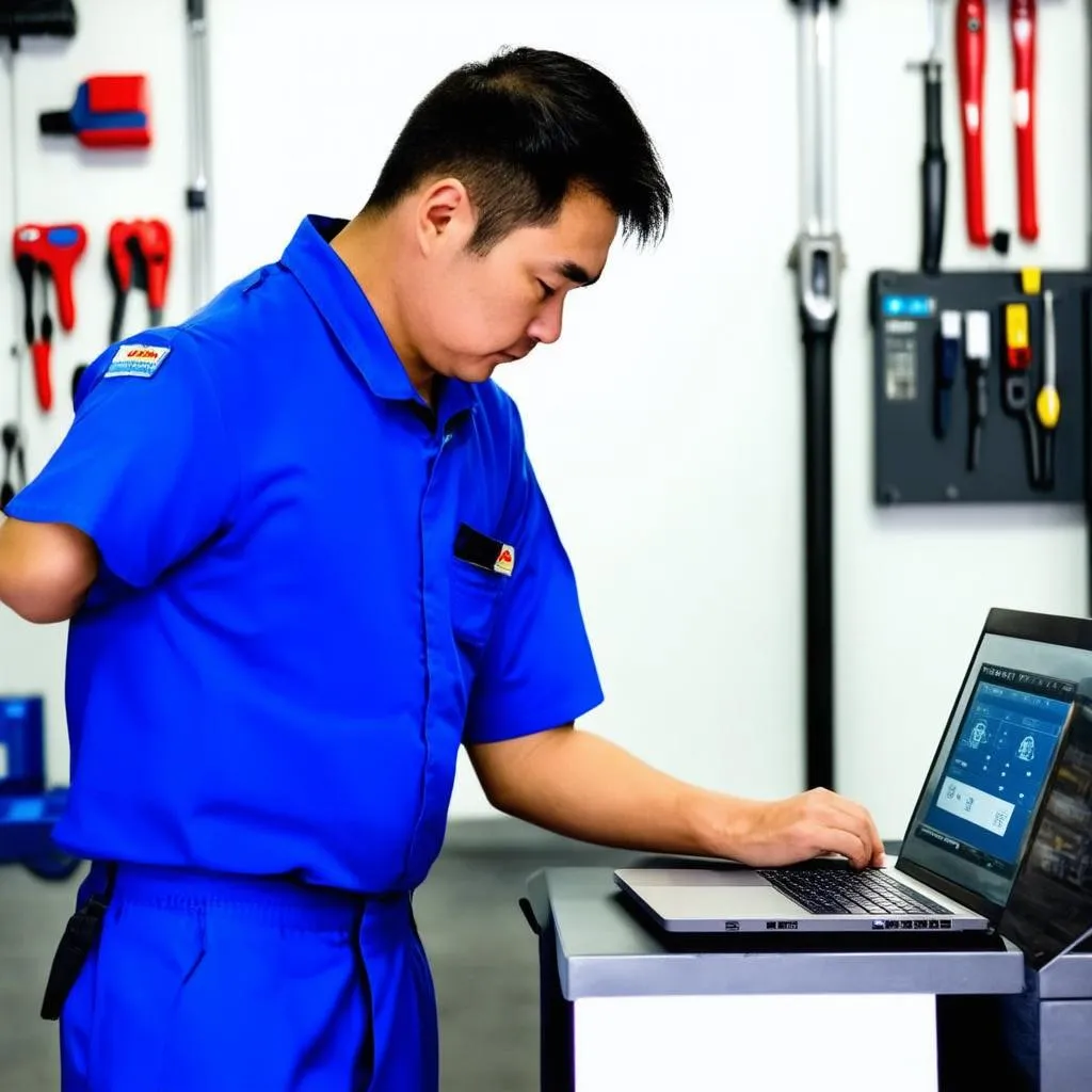 Vietnamese Mechanic using a Laptop for Diagnostics