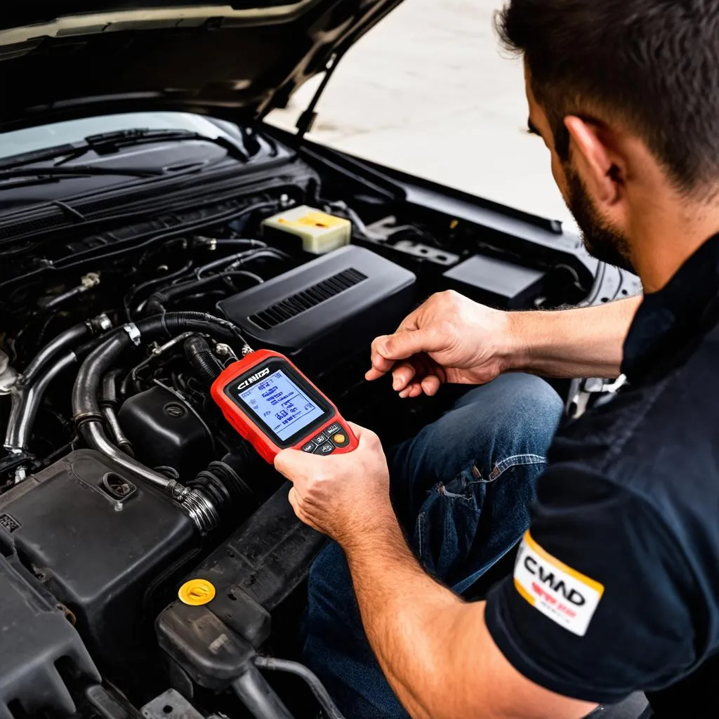 Mechanic using a CMD flash OBD tool to work on a car engine