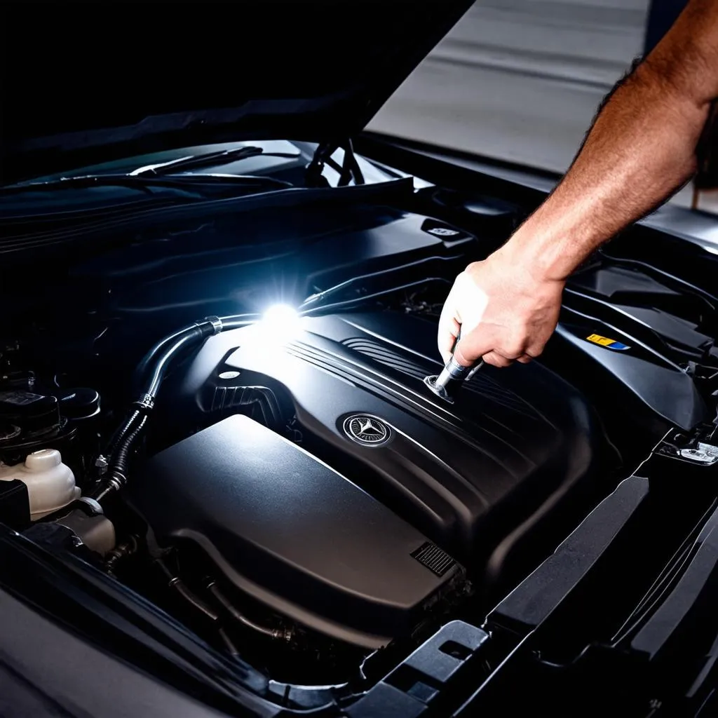 A mechanic inspects the engine bay of a European luxury car.