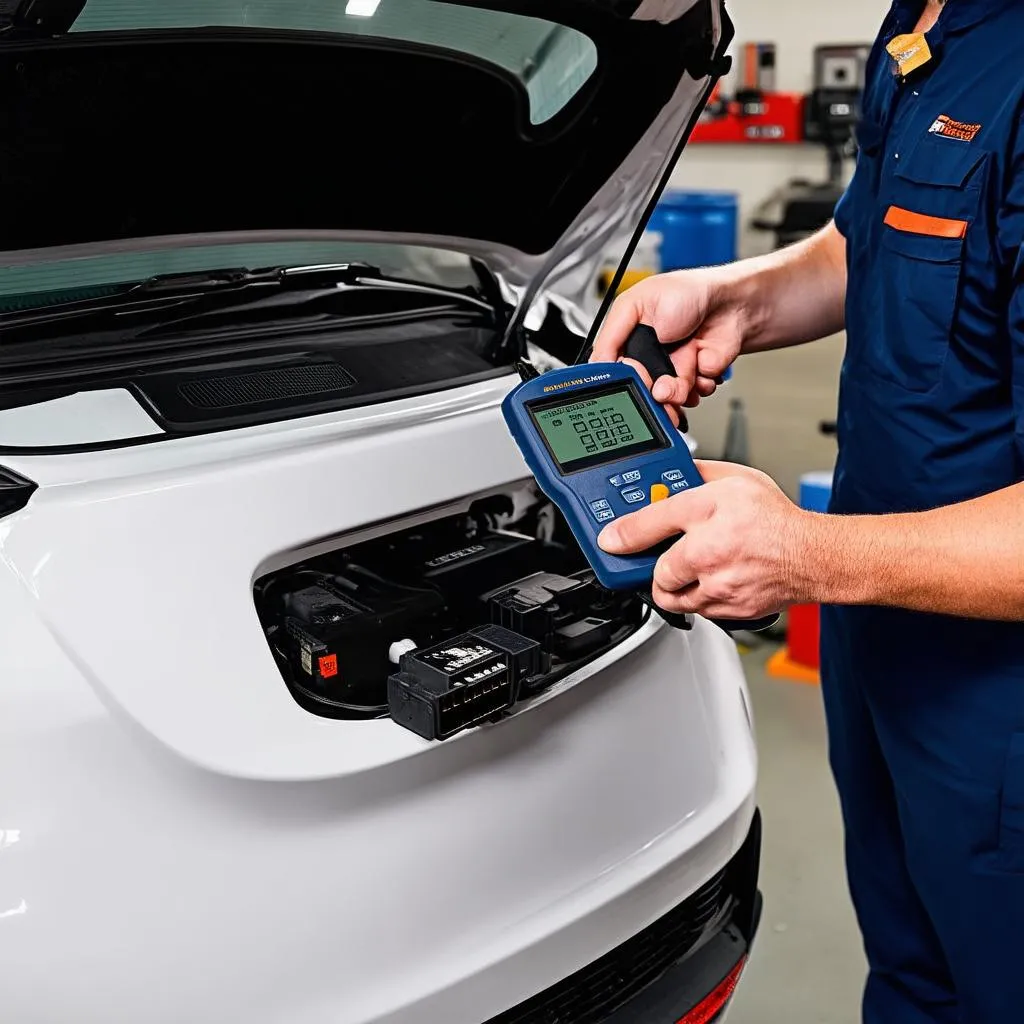 Mechanic using an OBD Scanner on a Car