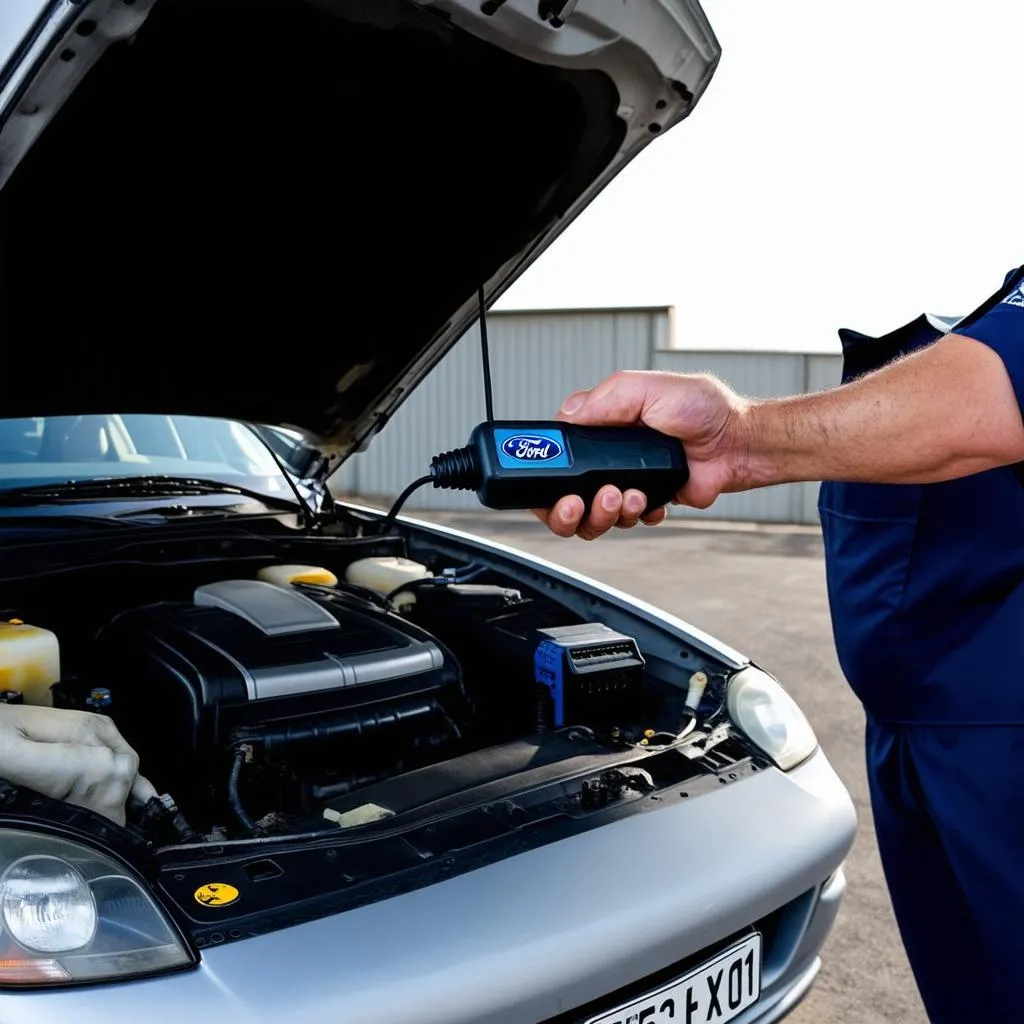 Mechanic using a diagnostic scanner on a 2006 Ford Allegro V10