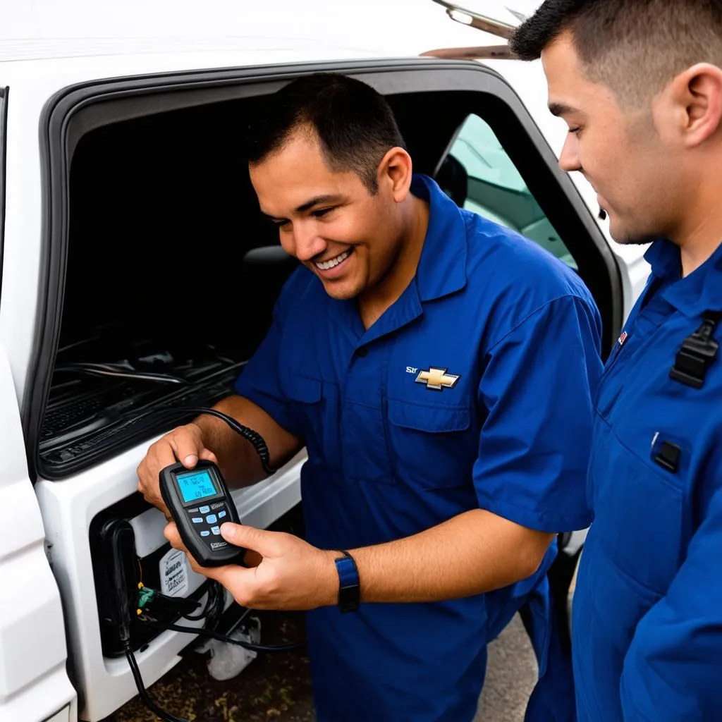 Mechanic connecting OBD scanner 2002 Silverado