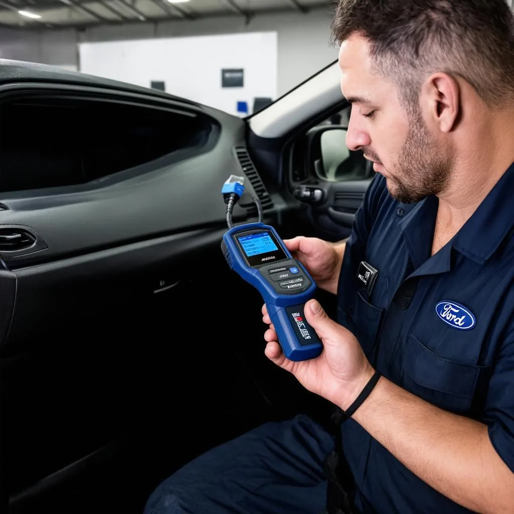 Mechanic Using OBD Scanner on a Ford Focus