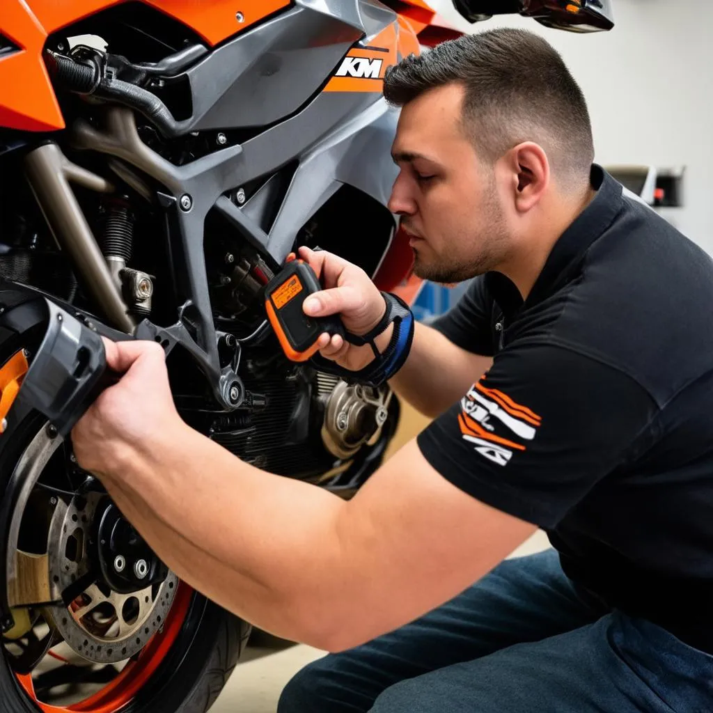 Mechanic plugging an OBD scanner into a KTM motorcycle