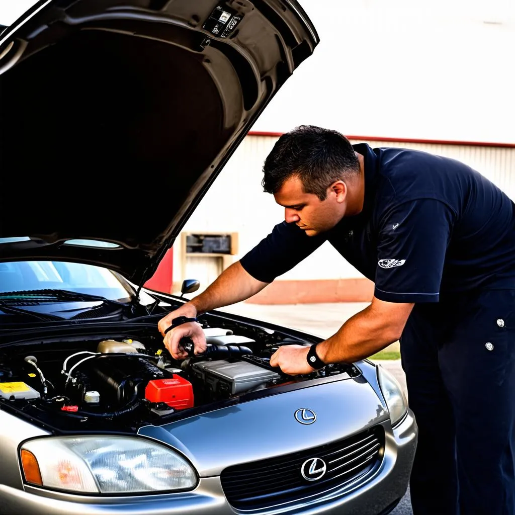 Mechanic diagnosing car issue