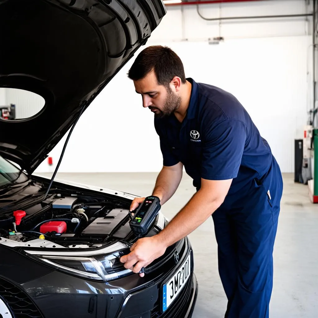 Mechanic using OBD2 scanner on Toyota engine