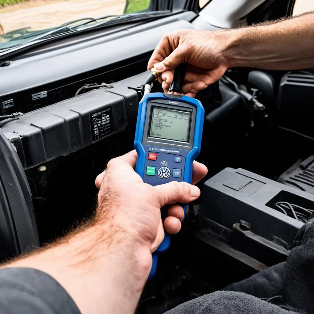 Mechanic using a dealer scanner