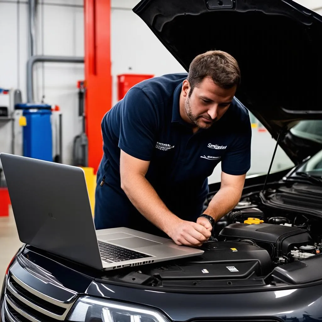 A mechanic using a laptop with diagnostic software.