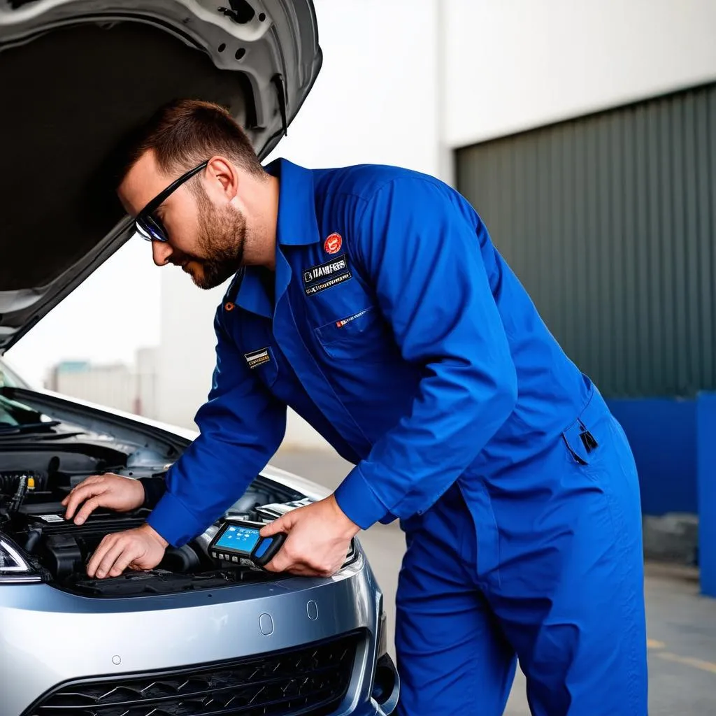 Mechanic using diagnostic tool on a car