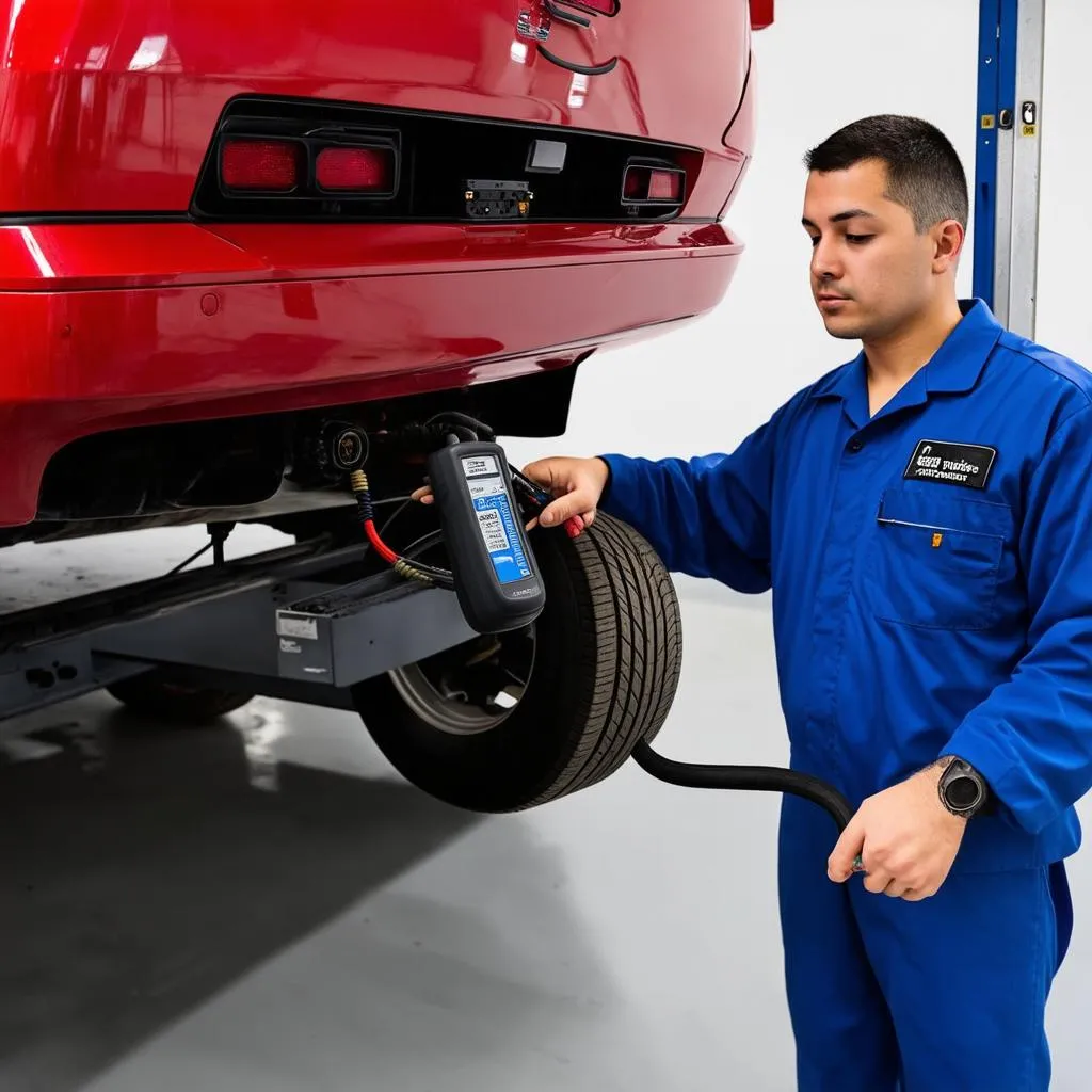 Mechanic using a diagnostic tool on a 2000 Dodge Avenger