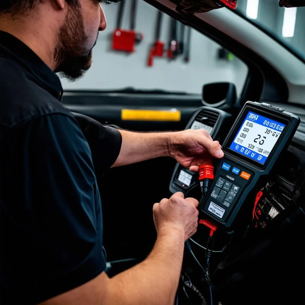 Mechanic plugging a diagnostic tool into a car's OBD port