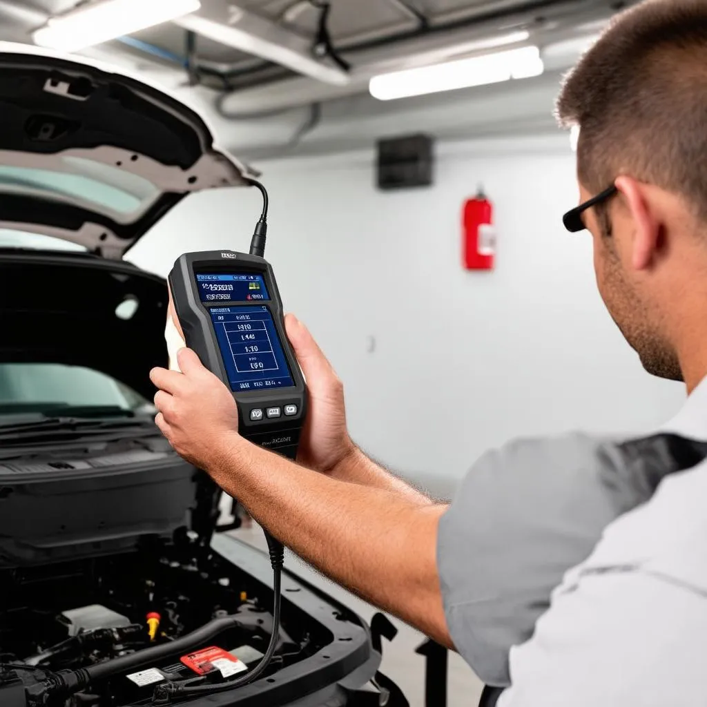 Mechanic using an OBD scanner on a Nissan Maxima