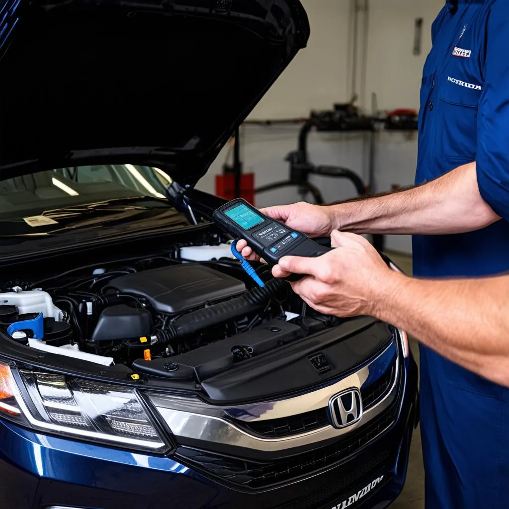 Mechanic using OBD scanner on Honda Accord