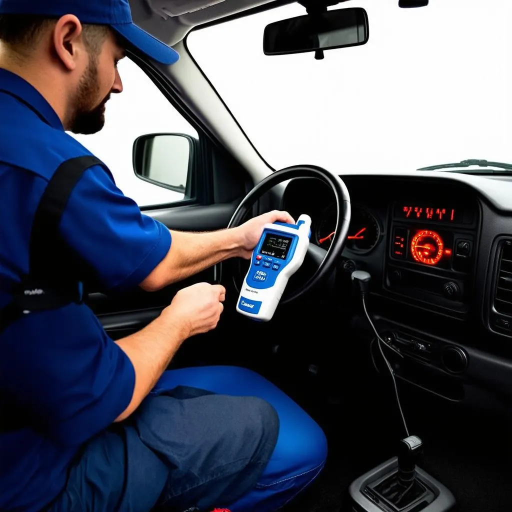 Mechanic using OBD2 scanner on Toyota Tacoma